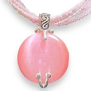 Premier Designs Pink Cat’s Eye Pendant Necklace w/ Beaded Chain